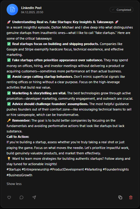 Loonacast Text Content Generation - LinkedIn post with AI-generated content about startups including key insights and hashtags