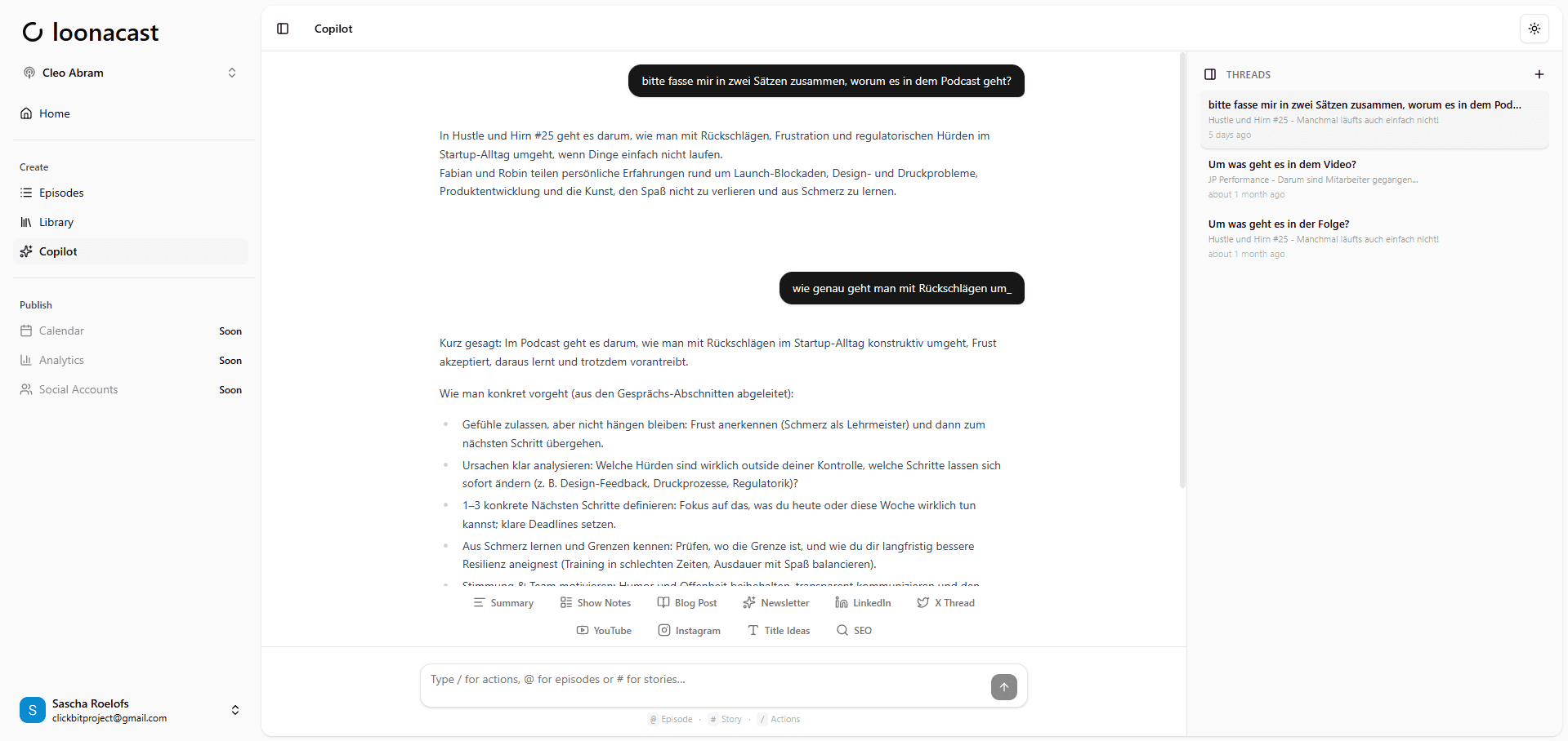 Loonacast Content Copilot interface with chat threads, episode context, and quick actions